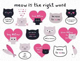 impostato di Miao adesivi con diverso gatti A proposito di divertente frasi. carino gatto adesivi per divertimento. nero e grigio gatti con cuori. adatto per amore carte vettore