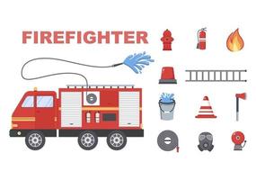 vigili del fuoco con autopompe domestiche, aiutando persone e animali, utilizzando attrezzature di soccorso in varie situazioni. illustrazione vettoriale