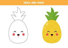 traccia e colora graziosi frutti di ananas kawaii. vettore