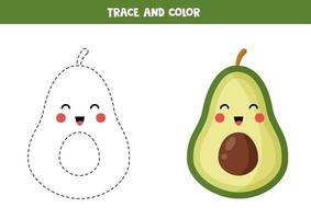 traccia e colora un simpatico avocado kawaii. pratica di scrittura a mano per bambini. vettore