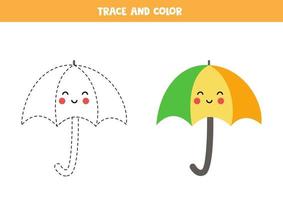 traccia e colora un simpatico ombrello kawaii. foglio di lavoro per bambini. vettore