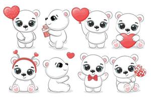 un' collezione di carino polare orsi per il vacanze, San Valentino giorno. cartone animato vettore illustrazione.