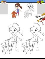 disegno e colorazione compito con ragazza e sua barboncino cane vettore