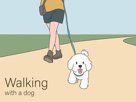 un cane che cammina con il suo padrone. illustrazioni di disegno vettoriale stile disegnato a mano.