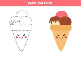 traccia e colora un simpatico gelato kawaii. pagina da colorare per bambini. vettore