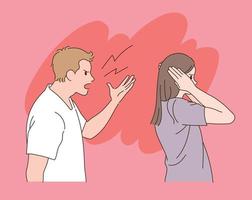 un uomo sta tormentando la donna e la donna si copre le orecchie. illustrazioni di disegno vettoriale stile disegnato a mano.