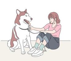 una ragazza e un cane sono seduti insieme. illustrazioni di disegno vettoriale stile disegnato a mano.