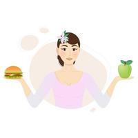 bella ragazza con un hamburger e una mela, prima di scegliere. illustrazione vettoriale per siti Web tematici, blog, poster, libri