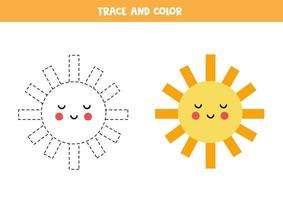 traccia e colora un bel sole. foglio di lavoro per bambini. vettore