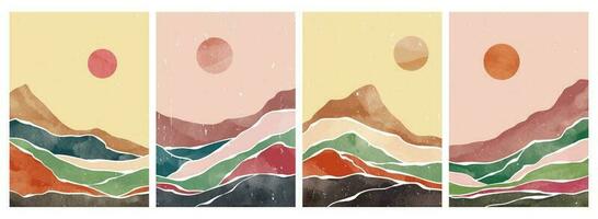 montagna astratta naturale sul set con la linea art. stampa d'arte minimalista moderna di metà secolo. sfondi astratti paesaggio. illustrazioni vettoriali