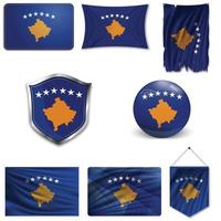 set della bandiera nazionale del kosovo in diversi modelli su uno sfondo bianco. illustrazione vettoriale realistico.
