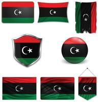 set della bandiera nazionale della Libia in diversi modelli su uno sfondo bianco. illustrazione vettoriale realistico.