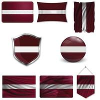 set della bandiera nazionale della Lettonia in diversi modelli su uno sfondo bianco. illustrazione vettoriale realistico.