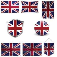set della bandiera nazionale della Gran Bretagna in diversi modelli su uno sfondo bianco. illustrazione vettoriale realistico.