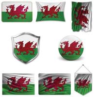 set della bandiera nazionale del Galles in diversi modelli su uno sfondo bianco. illustrazione vettoriale realistico.