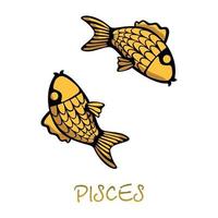 Pesci segno zodiacale accessorio flat cartoon illustrazione vettoriale. pesce d'oro, oggetti animali sott'acqua. oroscopo astrologico, simboli celesti di carpe, segno d'acqua. elemento disegnato a mano isolato vettore