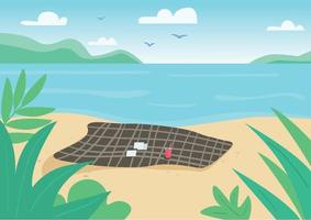 coperta sull & # 39; illustrazione di vettore di colore piatto spiaggia selvaggia. asciugamano e carte da gioco sulla sabbia. vacanze estive, ricreazione sulla natura. paesaggio del fumetto 2d del litorale con acqua sullo sfondo