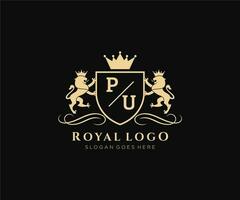 iniziale pu lettera Leone reale lusso stemma araldico logo modello nel vettore arte per ristorante, regalità, boutique, bar, Hotel, araldico, gioielleria, moda e altro vettore illustrazione.