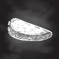 disegnato a mano schizzo di taco isolato su lavagna sfondo. veloce cibo Vintage ▾ illustrazione. elemento per il design di etichette, confezione e cartoline vettore