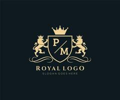iniziale pm lettera Leone reale lusso stemma araldico logo modello nel vettore arte per ristorante, regalità, boutique, bar, Hotel, araldico, gioielleria, moda e altro vettore illustrazione.