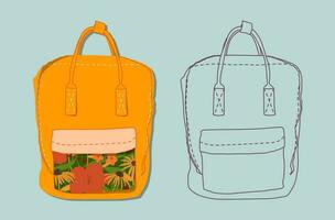 zaino bambini scuola icone. cartone animato piatto e linea disegnato zaini impostare. semplice cartello Borsa per figli, alunno, viaggiatore e escursioni a piedi turista simbolo. design per ragnatela, mobile, App vettore illustrazione.