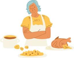 anziano donna cucinando pollo nel il cucina. piatto vettore illustrazione.