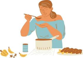 vettore illustrazione di un' donna con un' cucchiaio nel sua mano e un' ciotola di porridge