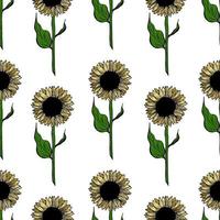 seamless pattern girasole fiore linea arte. nero, bianco e giallo illustrazione di un girasole. elemento girasole in fiore decorativo disegnato a mano nel vettore