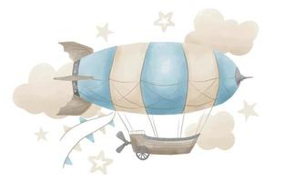 Vintage ▾ dirigibile con ghirlande e nuvole nel pastello blu e beige colori su isolato sfondo. mano disegnato acquerello illustrazione per bambino doccia saluto carte. retrò aerostato nel steampunk stile vettore