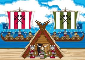 cartone animato vichingo guerrieri su il spiaggia con barche lunghe norvegese storia illustrazione vettore