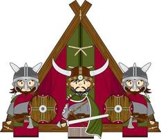 carino cartone animato vichingo guerrieri e tenda norvegese storia illustrazione vettore