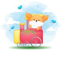 cute doodle baby fox guida un personaggio dei cartoni animati del treno vettore