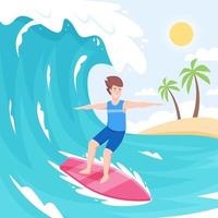 un uomo che fa surf sulla spiaggia vettore