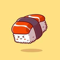 carino Sushi salmone cartone animato vettore icona illustrazione. cibo personaggio icona concetto isolato premio vettore. piatto cartone animato stile