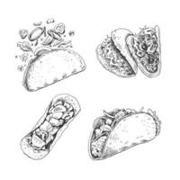 tacos impostare. disegnato a mano schizzo illustrazioni di tradizionale messicano cibo. superiore, davanti, prospettiva Visualizza e taco con volante ingredienti. Vintage ▾. vettore