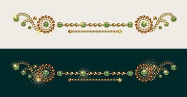 Vintage ▾ gioielleria confine linea, divisore fatto di oro, rame palla perline, verde strass, gemme, oro Catene su bianca e buio verde sfondo. vettore design elemento