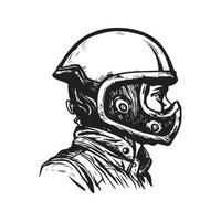 uomo con pieno viso motocross casco, Vintage ▾ logo concetto nero e bianca colore, mano disegnato illustrazione vettore