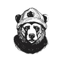 orso indossare cappello, Vintage ▾ logo concetto nero e bianca colore, mano disegnato illustrazione vettore