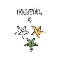 3 stelle valutazione Hotel, servizio. mano disegnato abbozzato immagine con uno stella marina. scarabocchio cartone animato illustrazione su bianca sfondo vettore