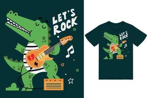 carino coccodrillo giocando chitarra illustrazione con maglietta design premio vettore