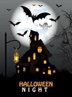 sfondo festa di Halloween con casa stregata con albero spettrale e pipistrelli con la luna piena vettore