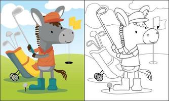 colorazione libro di cartone animato asino giocando golf, golf elementi illustrazione vettore