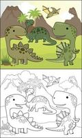 gruppo di dinosauri cartone animato su vulcani sfondo, colorazione libro o pagina vettore
