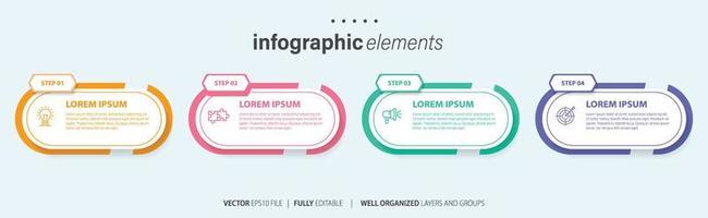 modello di progettazione infografica. concetto di sequenza temporale con 4 passaggi. può essere utilizzato per layout del flusso di lavoro, diagramma, banner, webdesign. illustrazione vettoriale