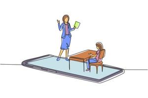 disegno a linea continua singola insegnante femminile che insegna studentessa di scuola media che si siede sulla panchina intorno alla scrivania e studia sullo smartphone. una linea disegnare grafica vettoriale illustrazione