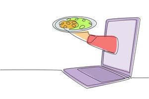 disegno continuo a una linea di mani fuori dallo schermo del laptop con vassoio aperto per servire la pizza. e-shop. ordina il cibo in digitale. concetto di servizio di consegna online. illustrazione grafica vettoriale di disegno di disegno a linea singola