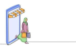 singolo disegno a tratteggio donna araba che esce dallo schermo dello smartphone a baldacchino che tiene le borse della spesa. stile di vita digitale e concetto di consumismo. illustrazione vettoriale grafica di disegno di disegno di linea continua