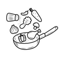 cucinando concetto vettore illustrazione con scarabocchio disegno stile. padella con cibo ingredienti vettore