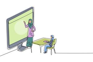 disegno di una sola linea insegnante donna araba in piedi davanti allo schermo del monitor che tiene in mano un libro e insegna alle studentesse hijab sedute sulle panchine intorno alla scrivania. progettazione grafica illustrazione vettoriale