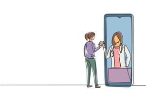 continua una linea di disegno paziente femminile che tiene smartphone in piedi di fronte a uno smartphone gigante e consulta una dottoressa. concetto online medico. illustrazione grafica vettoriale di disegno di disegno a linea singola